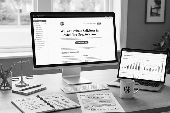 Dual-screen solicitor’s desk showing website content creation and performance tracking for content marketing for law firms, with brand voice guidelines and SEO-optimised service pages displayed.