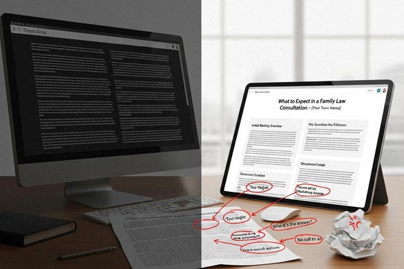 Side-by-side content comparison highlighting poor versus optimised website copy, representing content marketing for lawyers aiming to improve clarity, readability, and conversions.