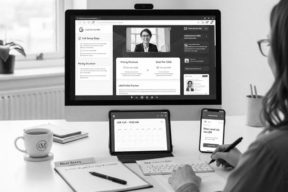Law firm office setup showing a solicitor reviewing Google Local Service Ads for law firms, with lead tracking on tablet and new enquiry notifications on mobile.