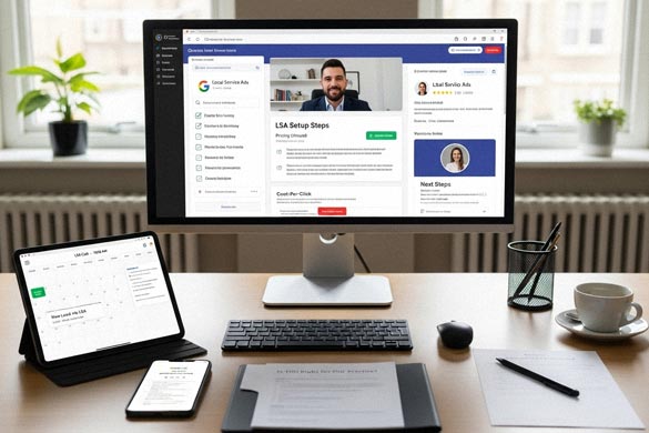 Legal marketing strategy session with Google Local Service Ads for lawyers shown on-screen, featuring call cost breakdown, LSA setup checklist, and calendar booking.