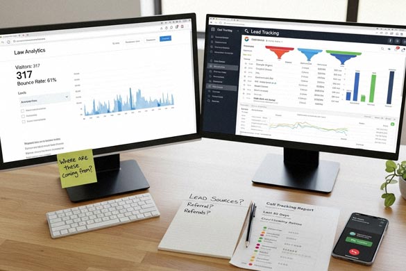 Modern law office desk with multiple screens showing analytics, video content, and keyword rankings, representing effective internet marketing for lawyers.