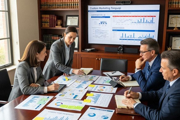 Law firm marketing consultant presenting a detailed growth strategy to solicitors, with performance charts, ROI metrics, and local SEO plans displayed on screen.