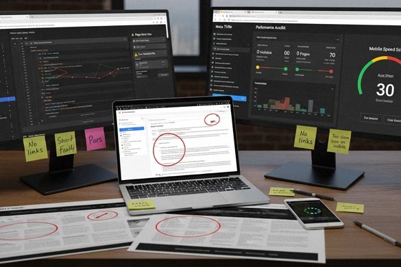 Dual-screen desktop setup showing SEO audits, mobile speed tests, and law firm web content marked for improvement, a real-world look at law firm SEO issues being fixed.