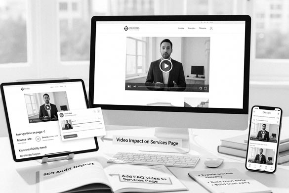 Multiple screens show a solicitor speaking on camera across devices in a law firm office setup, demonstrating law firm video marketing to improve online visibility and client engagement.