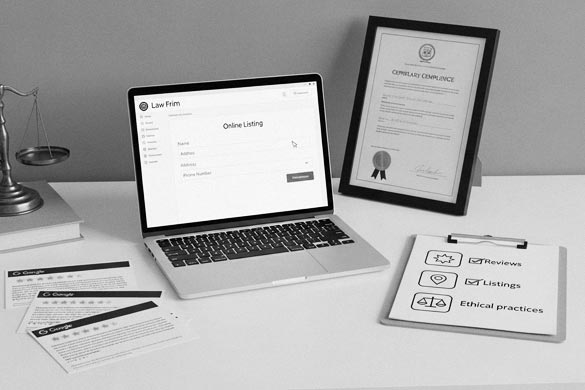 Laptop workspace showing a lawyer updating online listings with a compliance certificate and review checklist, representing lawyer local SEO best practices.