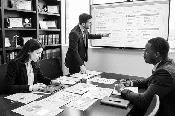 Legal digital marketing expert meeting with law firm partners to review SEO, local search, and paid advertising data for targeted client acquisition.