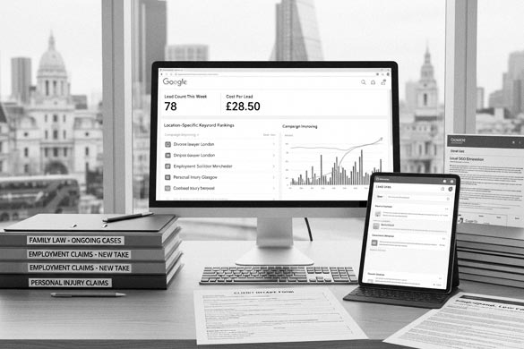 City law office reviewing legal Local Service Ads campaign analytics with keyword rankings, cost-per-lead data, and SEO performance across multiple platforms.