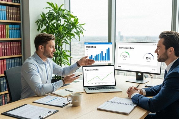 Legal marketing expert analysing engagement rates and ROI with a solicitor, showcasing data-driven tactics for improving law firm online marketing results.