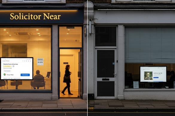 Side-by-side comparison of two solicitor storefronts, one bright and welcoming with strong Google reviews, the other dark and inactive, visually representing the impact of local SEO for attorneys.