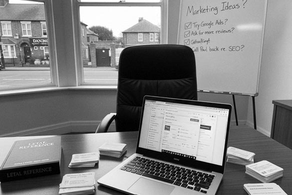 Legal office with laptop open to a PPC dashboard and a whiteboard listing marketing ideas, showing the early planning stages of local SEO for law firm campaigns.