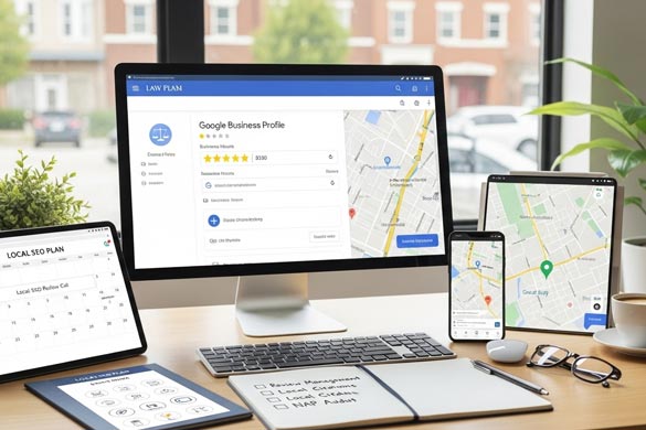 Modern law office with “law office near me” Google search result and active lead notifications, demonstrating successful local SEO for legal firms.