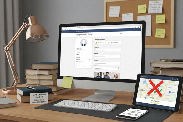 Lawyer’s desk with an incomplete Google Business Profile and a red X on local maps, symbolising visibility problems addressed by local SEO for lawyers.