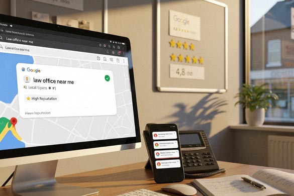Multi-device setup with Google Business Profile on screen, maps, SEO planning checklist, and local SEO tools, showing local SEO for law firms in action.
