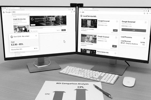 Marketing team reviewing PPC vs LSA campaign results for attorneys and lawyers, featuring side-by-side ad comparison, Google Screened badges, and ROI analysis chart.