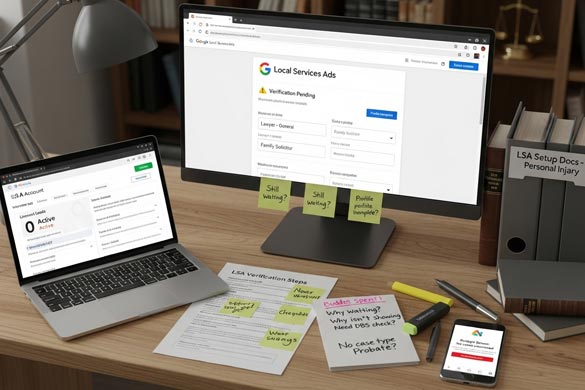 LSA verification troubleshooting scene for Local Service Ads for lawyers, showing pending Google approval, checklist of fixes, and feedback notes on campaign delays.