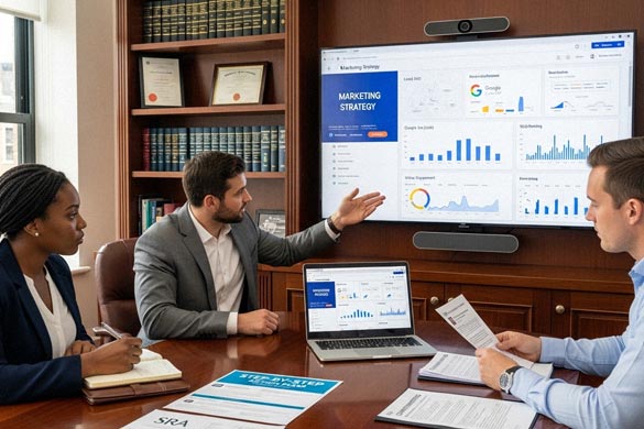 Marketing consultancy for law firms team workshop, reviewing digital performance analytics, local SEO maps, and client acquisition strategies.