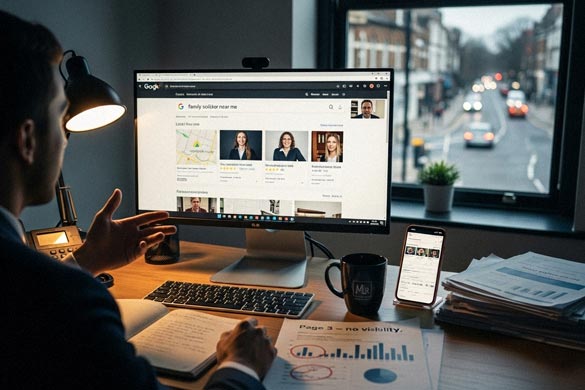 Marketing strategy session with law firm partners reviewing lead data, website visuals, and search insights, a clear representation of marketing for a law firm.