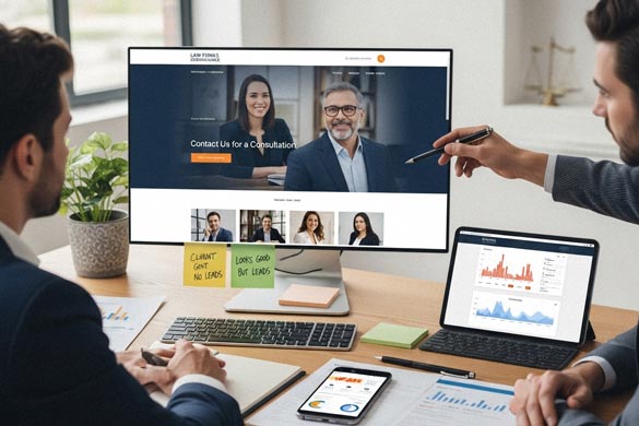 Business professional analysing digital marketing dashboards aimed at legal services, illustrating a strategy focused on marketing to attorneys.