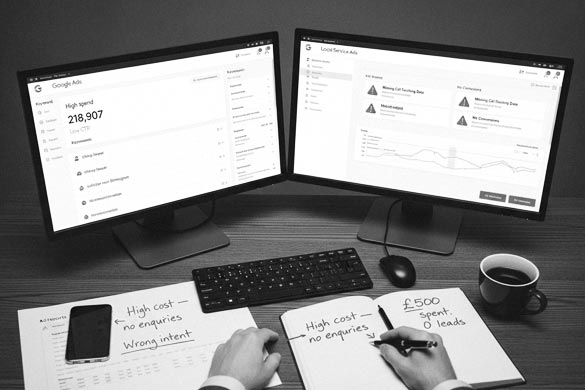 Lawyer in office reviewing search engine results and website traffic stats on desktop and mobile, showing the impact of online marketing for lawyers.