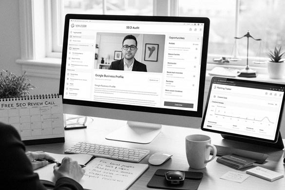 Solicitor working on a desktop with a detailed SEO audit, planning insights and performance tracking, a hands-on example of SEO marketing for lawyers.