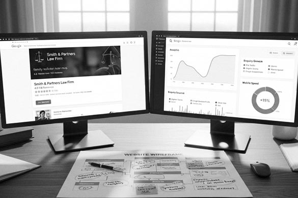 Dual-monitor setup displaying a Google Business Profile and analytics dashboard, paired with a wireframing layout, representing SEO for law firm website structure and performance.