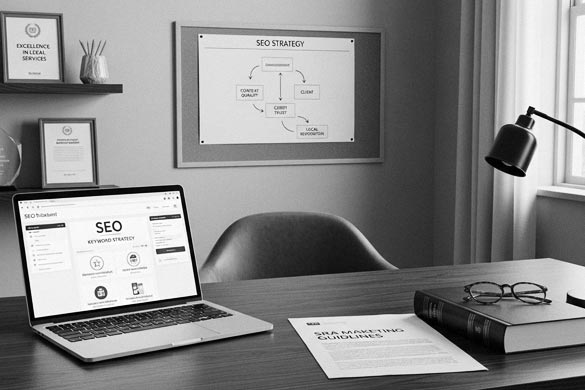 Legal office workspace showing SEO software on a laptop and printed strategy guidelines, illustrating a professional approach to SEO for law firms.