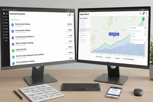 Twin monitors displaying local solicitor search volume and map-based keyword trends, representing keyword strategy in SEO for legal firms.