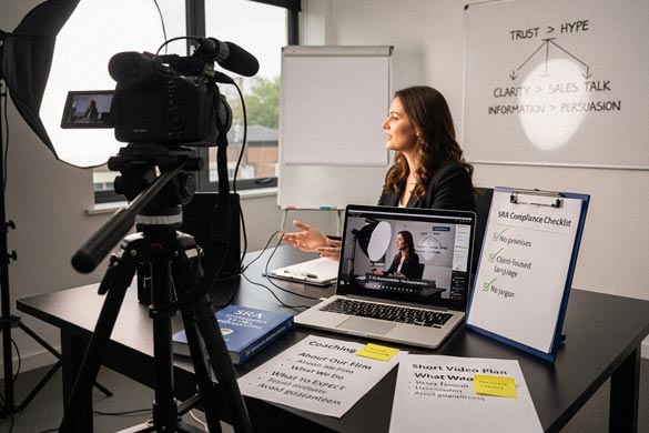Female solicitor presenting on camera in a well-lit office studio with checklists, video strategy notes, and compliance reminders, showing video marketing for law firms in practice.