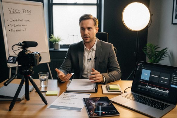 A lawyer confidently speaking in front of a camera with video editing software visible on-screen, showing how video marketing for lawyers can boost trust and reach.