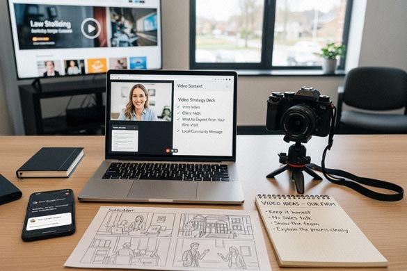 A legal content team preparing a video strategy with a storyboard, call notes, and a camera setup, while on a video call with a legal marketing consultant, representing video marketing for legal firms.