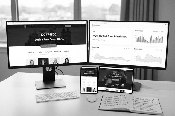 Responsive website optimisation for law firms shown across multiple devices, boosting mobile speed, contact form submissions, and user experience.
