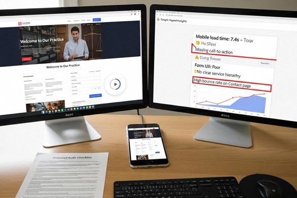 Website optimisation for lawyers being analysed across desktop and mobile, highlighting page speed issues, CTA placement, and bounce rate challenges.